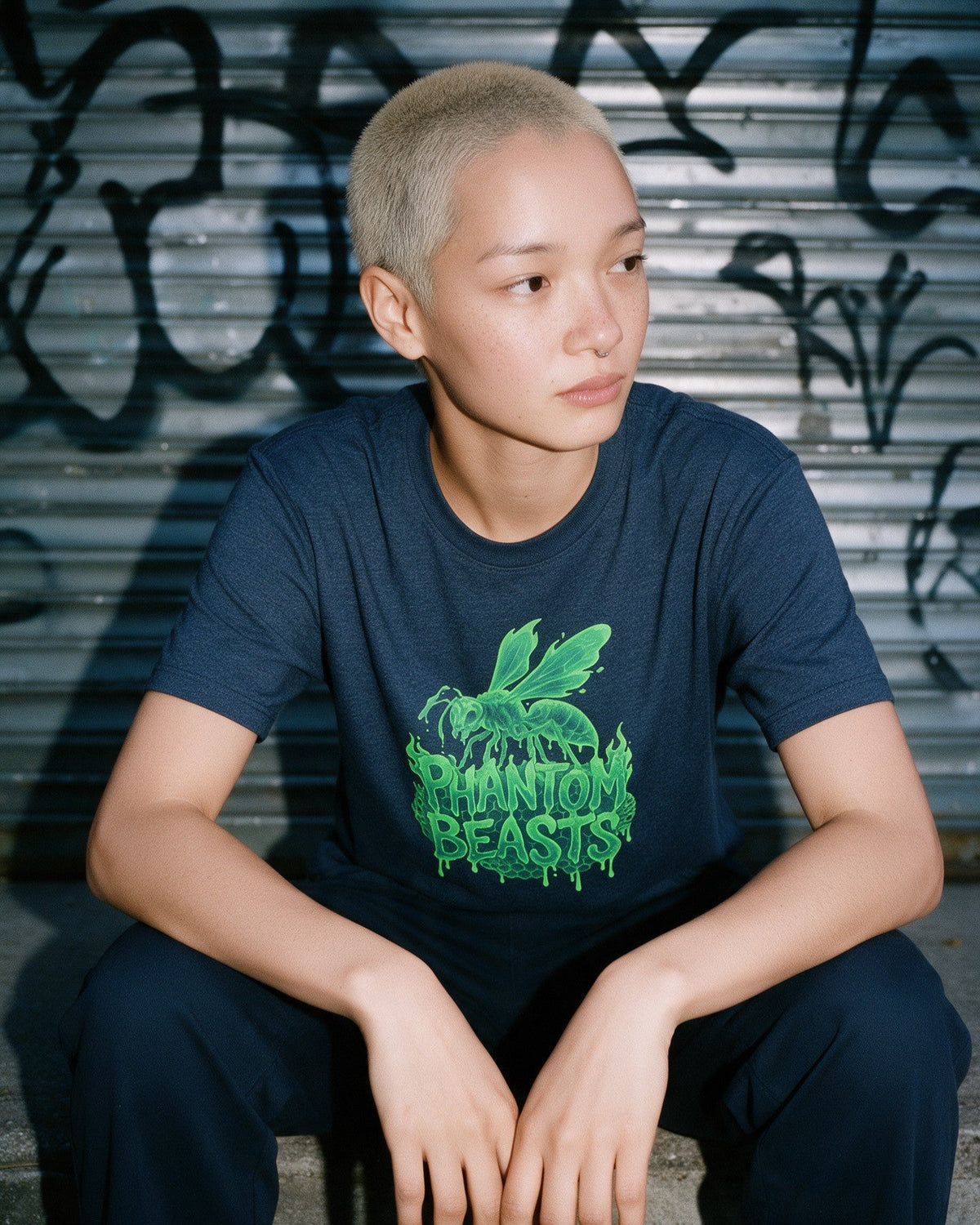 Phantom Wasp T-Shirt in Heather Navy worn on the street — Urban Kong