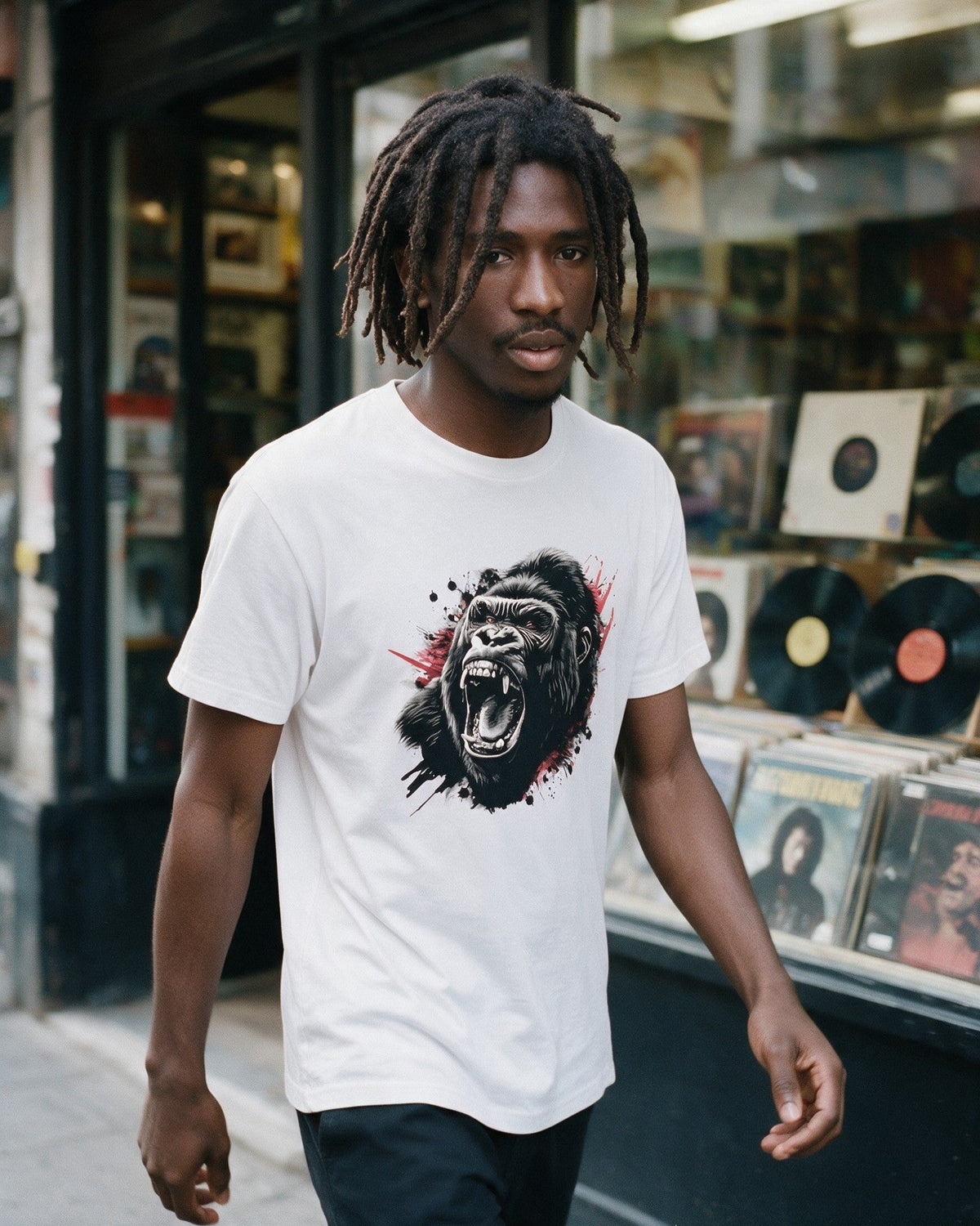 Primal Instinct T-Shirt in White worn on the street — Urban Kong