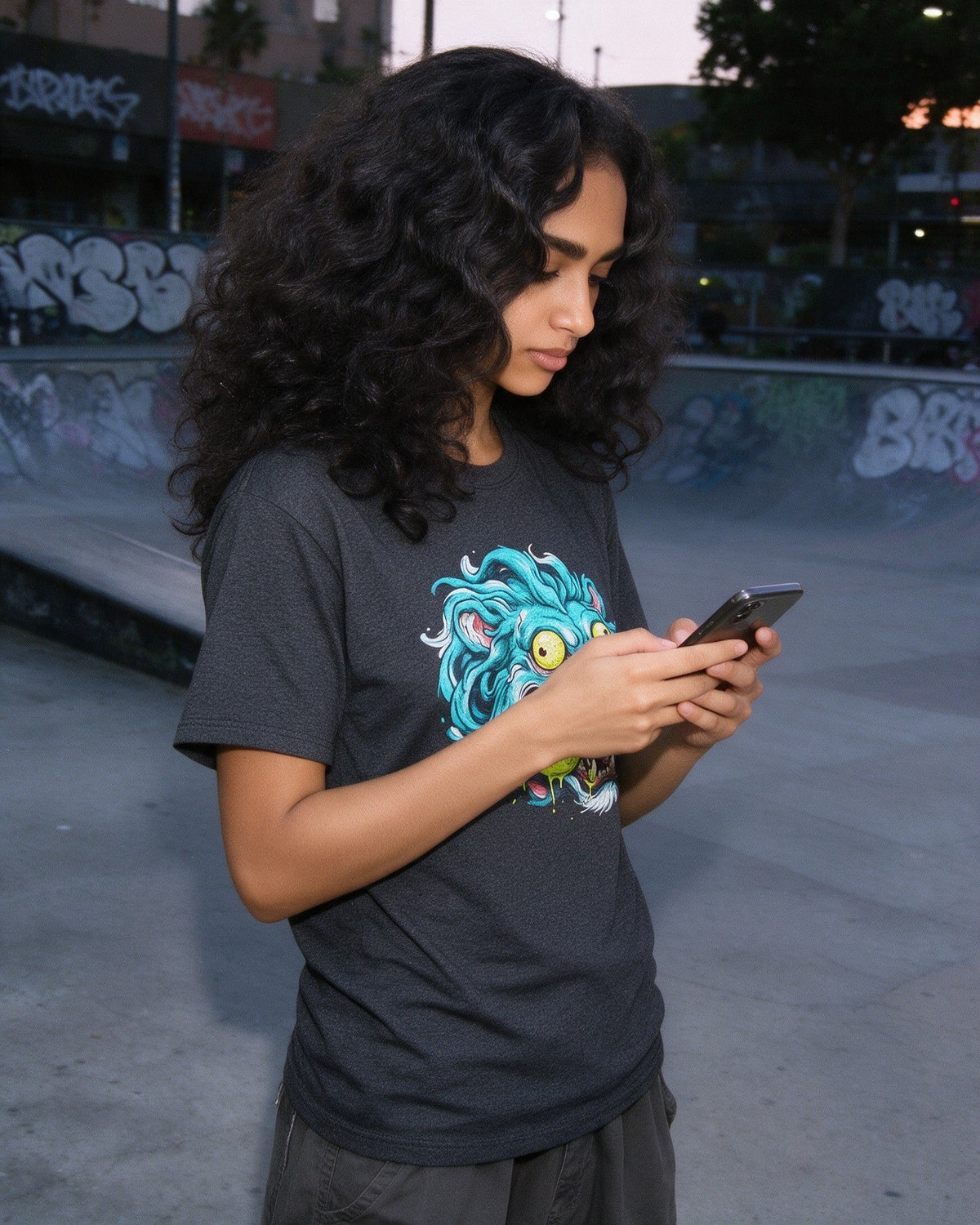 Psycho Lion T-Shirt in Dark Heather worn on the street — Urban Kong