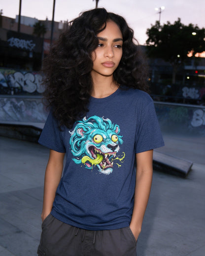 Psycho Lion T-Shirt in Heather Navy worn on the street — Urban Kong
