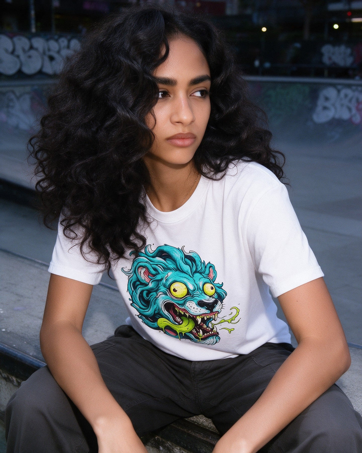 Psycho Lion T-Shirt in White worn on the street — Urban Kong