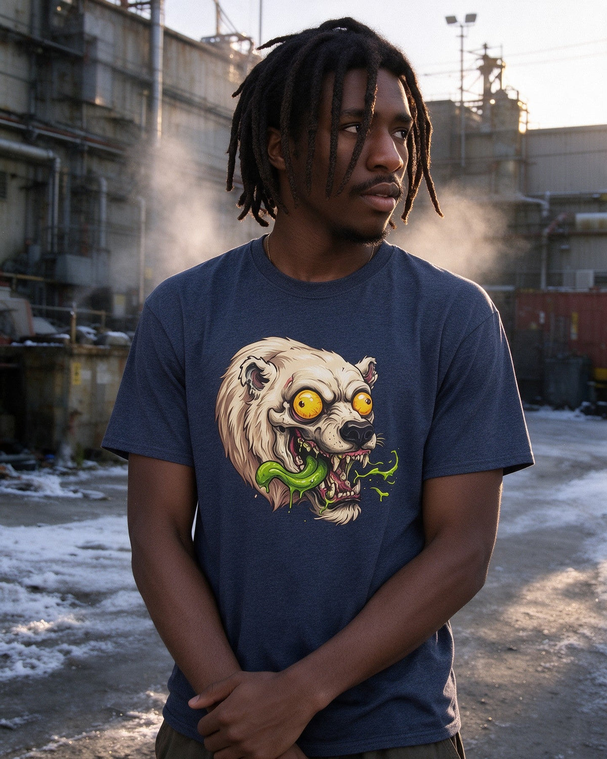 Psycho Polar Bear T-Shirt in Heather Navy worn on the street — Urban Kong
