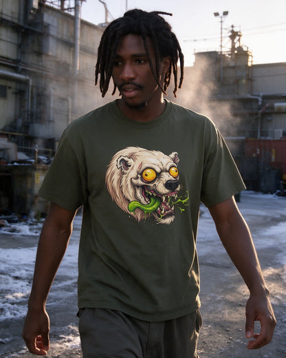 Psycho Polar Bear T-Shirt in Military Green worn on the street — Urban Kong