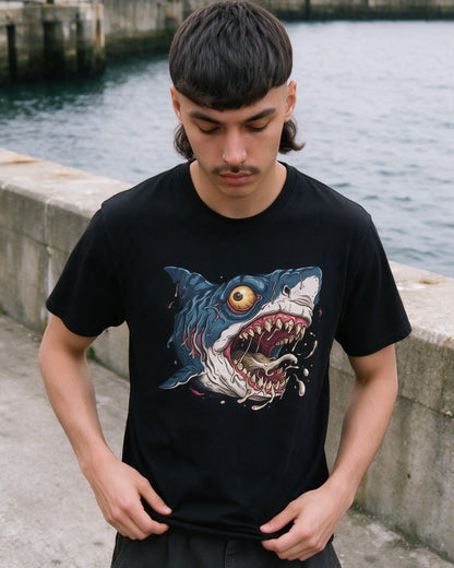 Psycho Shark T-Shirt in Black worn on the street — Urban Kong