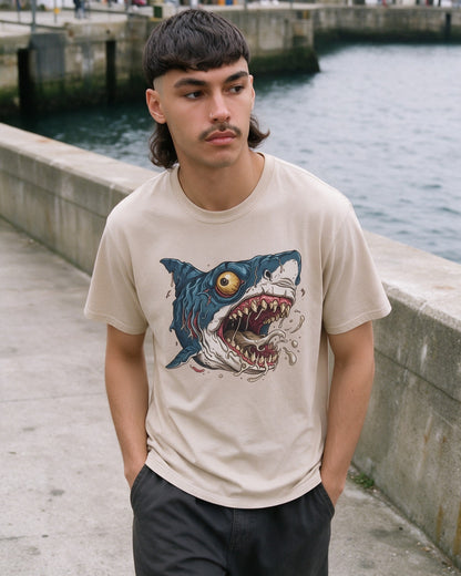 Psycho Shark T-Shirt in Sand worn on the street — Urban Kong