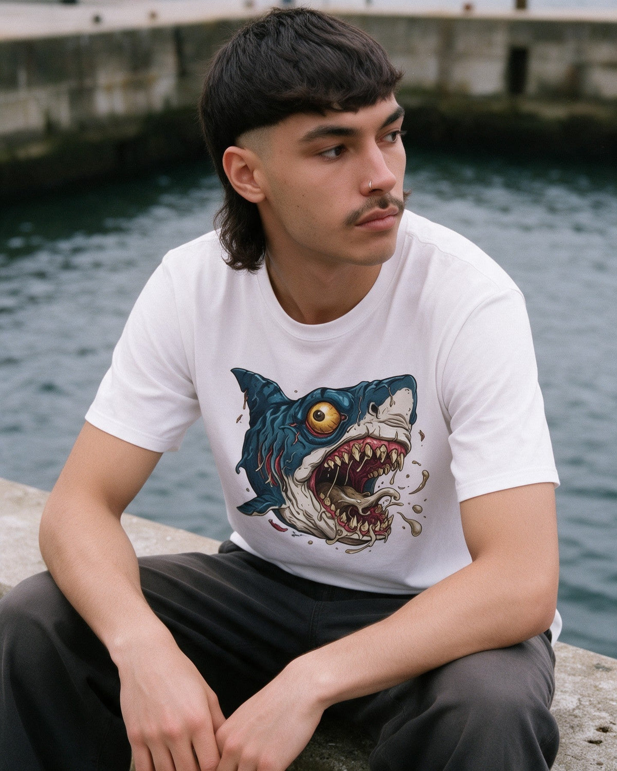 Psycho Shark T-Shirt in White worn on the street — Urban Kong
