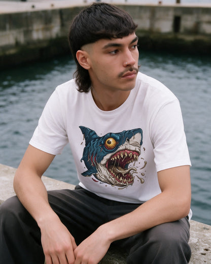 Psycho Shark T-Shirt in White worn on the street — Urban Kong