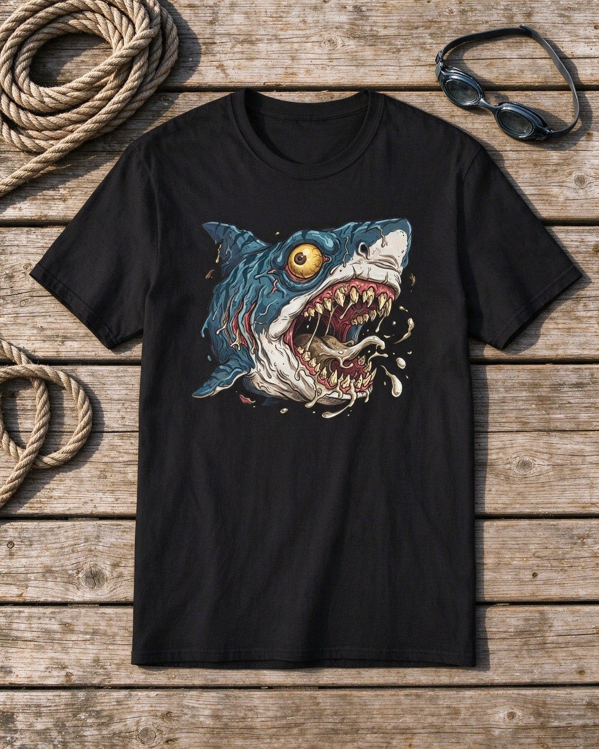 Psycho Shark T-Shirt flat lay — Urban Kong