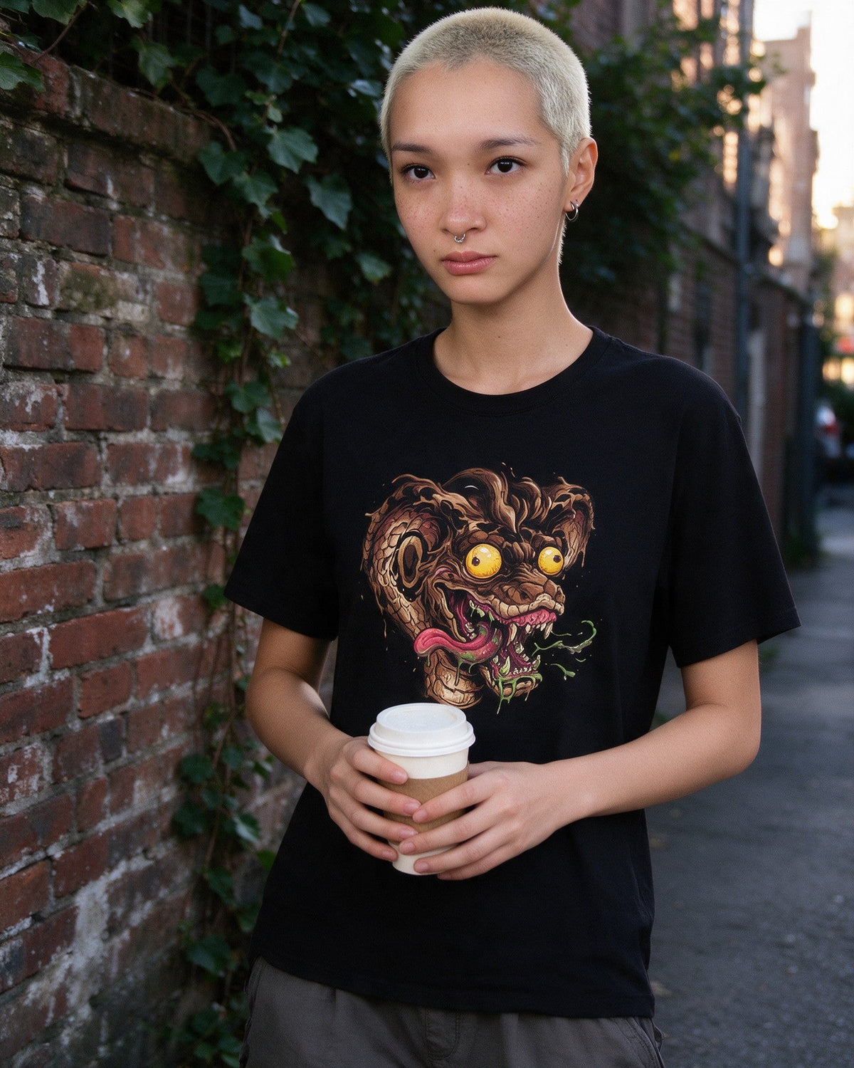 Psycho Snake T-Shirt in Black worn on the street — Urban Kong