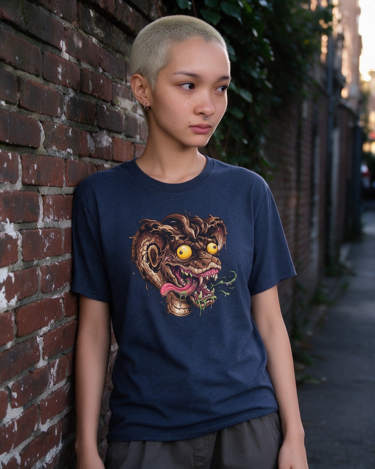 Psycho Snake T-Shirt in Heather Navy worn on the street — Urban Kong