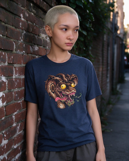 Psycho Snake T-Shirt in Heather Navy worn on the street — Urban Kong