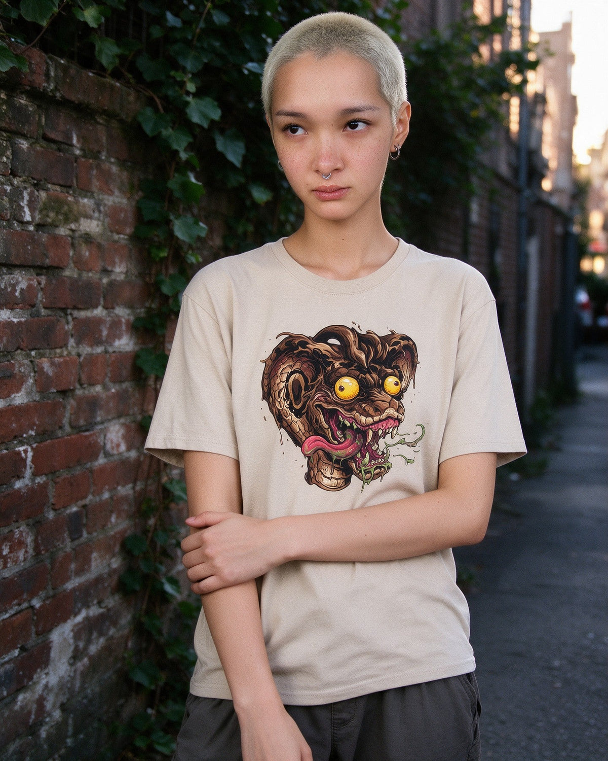 Psycho Snake T-Shirt in Sand worn on the street — Urban Kong