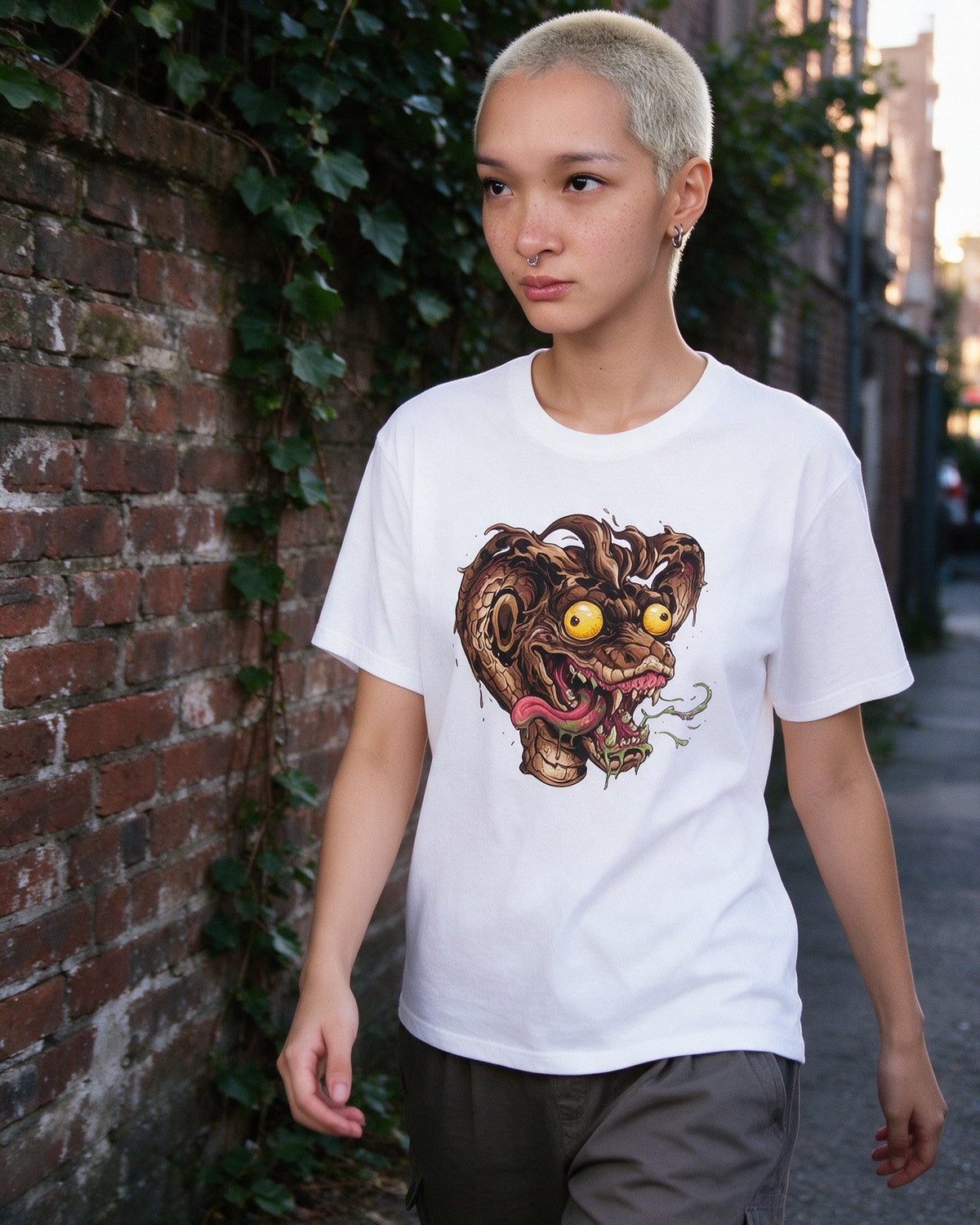 Psycho Snake T-Shirt in White worn on the street — Urban Kong