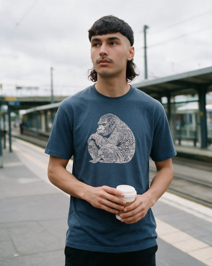 PsyKong T-Shirt in Heather Indigo worn on the street — Urban Kong