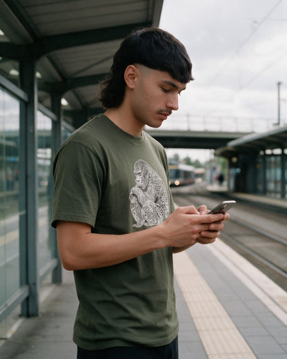 PsyKong T-Shirt in Military Green worn on the street — Urban Kong