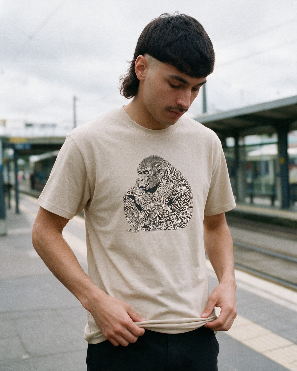 PsyKong T-Shirt in Sand worn on the street — Urban Kong