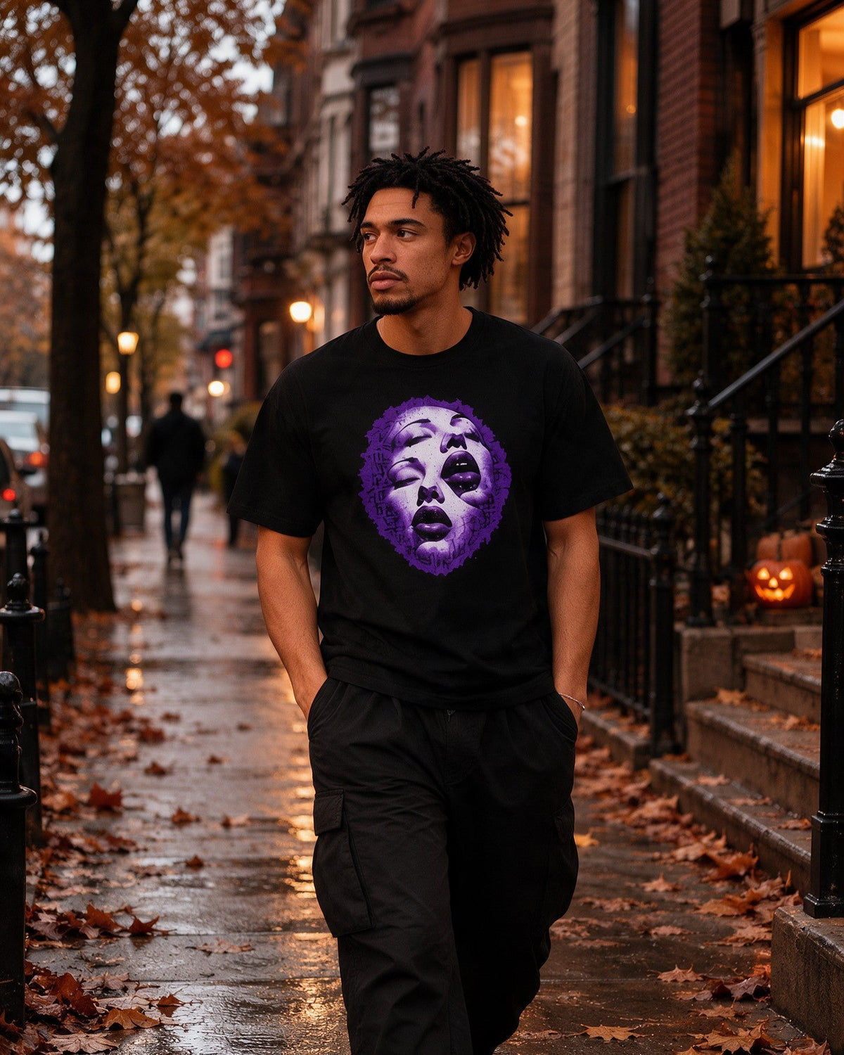 Purple Nightmares T-Shirt in Black worn on the street — Urban Kong