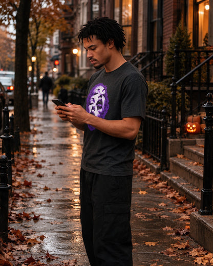 Purple Nightmares T-Shirt in Dark Heather worn on the street — Urban Kong