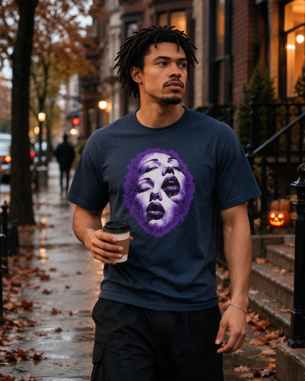Purple Nightmares T-Shirt in Heather Navy worn on the street — Urban Kong