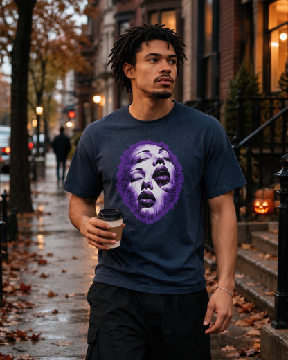 Purple Nightmares T-Shirt in Heather Navy worn on the street — Urban Kong