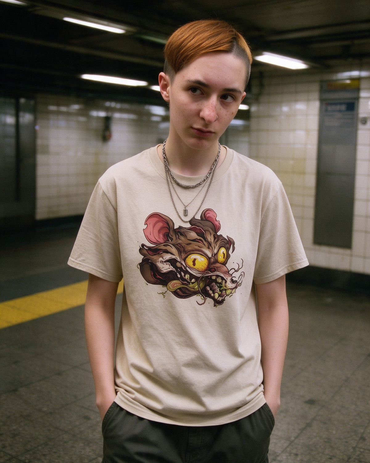 Rabid Rat T-Shirt in Sand worn on the street — Urban Kong
