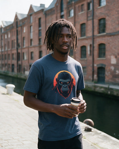 Rage of Kong T-Shirt in Heather Navy worn on the street — Urban Kong