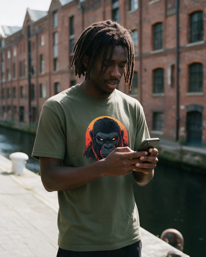 Rage of Kong T-Shirt in Military Green worn on the street — Urban Kong
