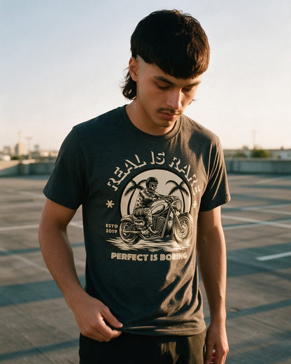 Rare Real T-Shirt in Dark Heather worn on the street — Urban Kong