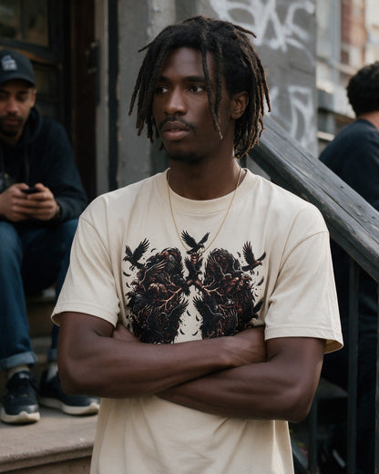 Raven Lungs T-Shirt in Sand worn on the street — Urban Kong