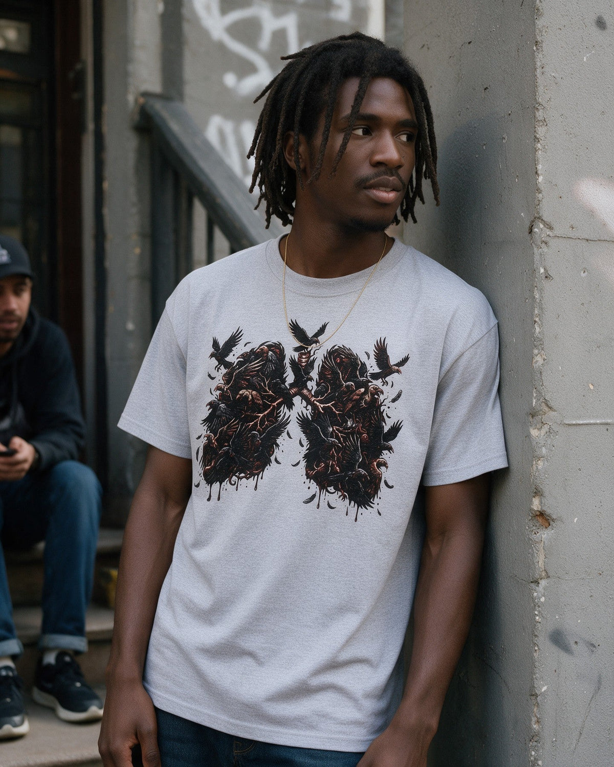 Raven Lungs T-Shirt in Sport Grey worn on the street — Urban Kong