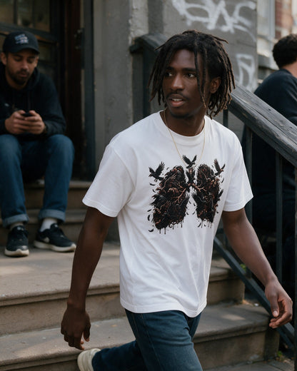 Raven Lungs T-Shirt in White worn on the street — Urban Kong