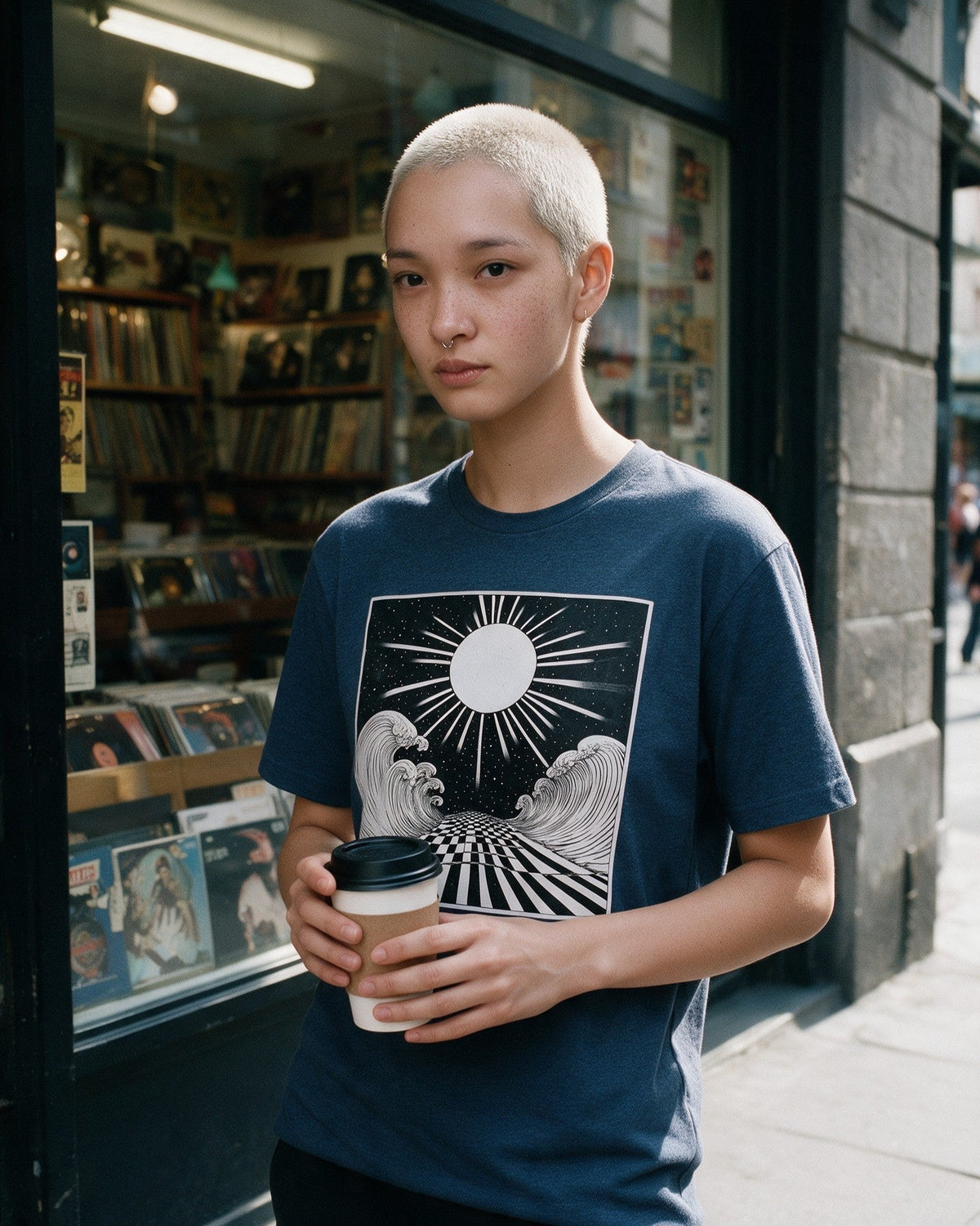 Real Illusion T-Shirt in Heather Indigo worn on the street — Urban Kong