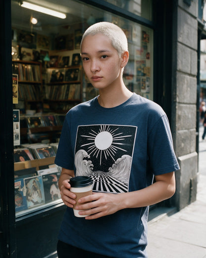Real Illusion T-Shirt in Heather Indigo worn on the street — Urban Kong