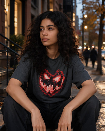 Red Pumpkin T-Shirt in Dark Heather worn on the street — Urban Kong