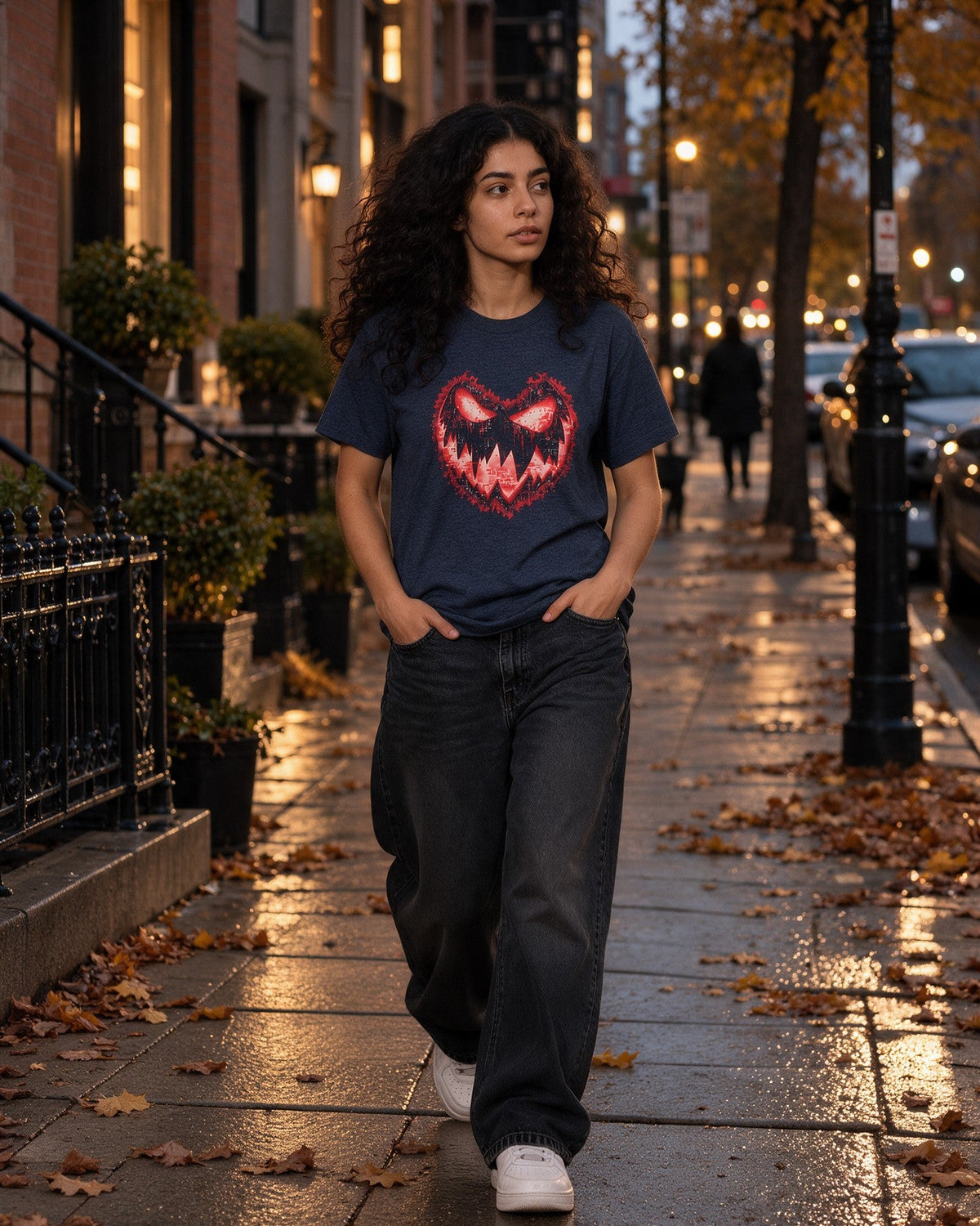 Red Pumpkin T-Shirt in Heather Navy worn on the street — Urban Kong