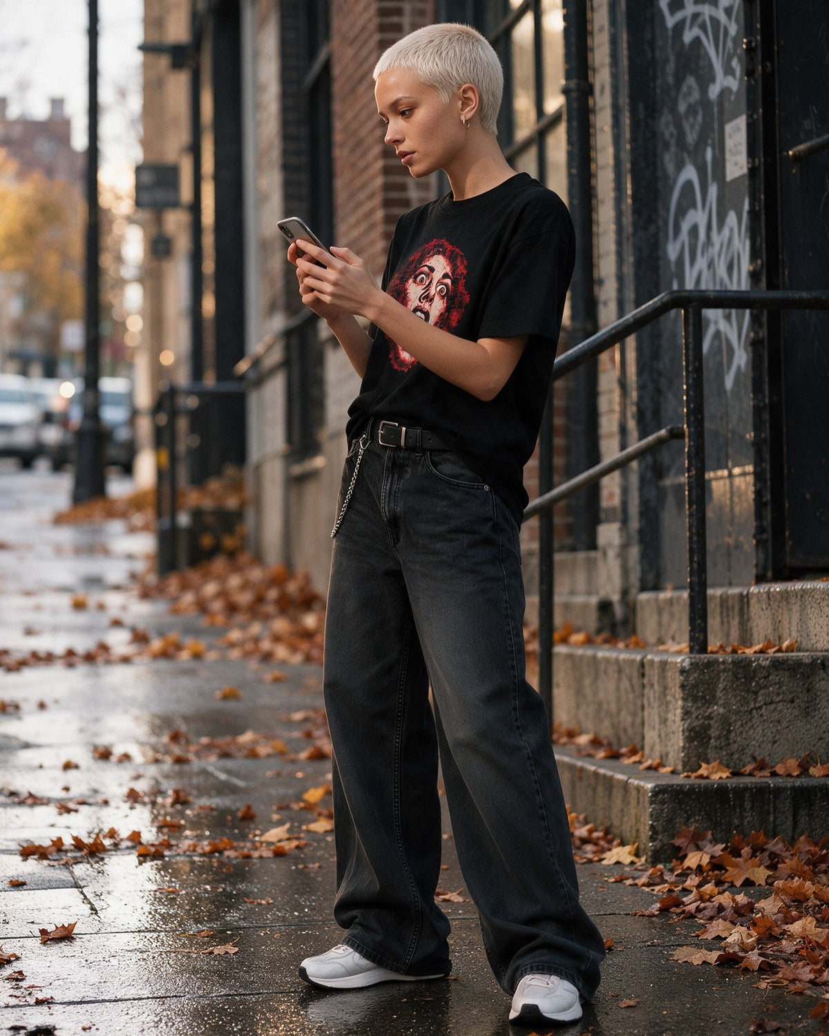 Red Scream T-Shirt in Black worn on the street — Urban Kong