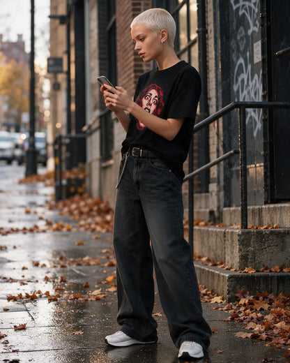 Red Scream T-Shirt in Black worn on the street — Urban Kong