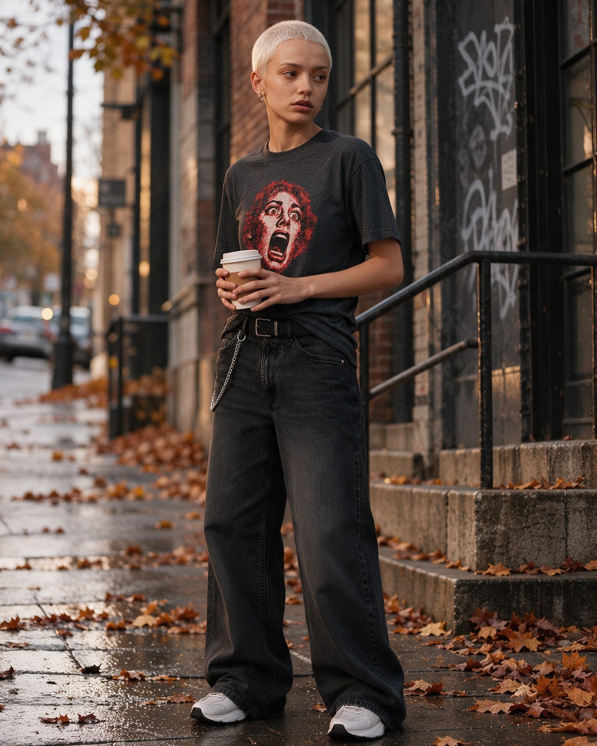 Red Scream T-Shirt in Dark Heather worn on the street — Urban Kong