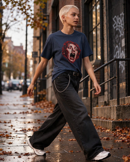 Red Scream T-Shirt in Heather Navy worn on the street — Urban Kong