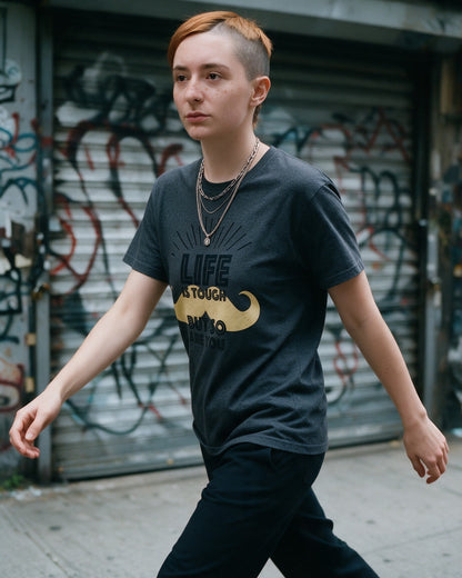 Resilient Soul T-Shirt in Dark Heather worn on the street — Urban Kong