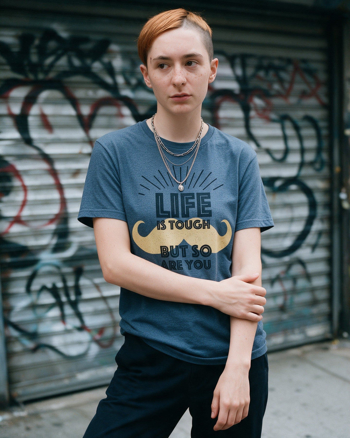 Resilient Soul T-Shirt in Heather Indigo worn on the street — Urban Kong