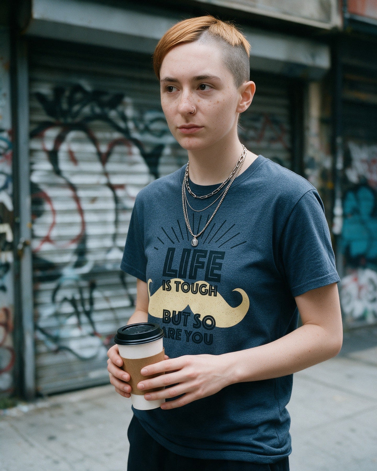 Resilient Soul T-Shirt in Heather Navy worn on the street — Urban Kong