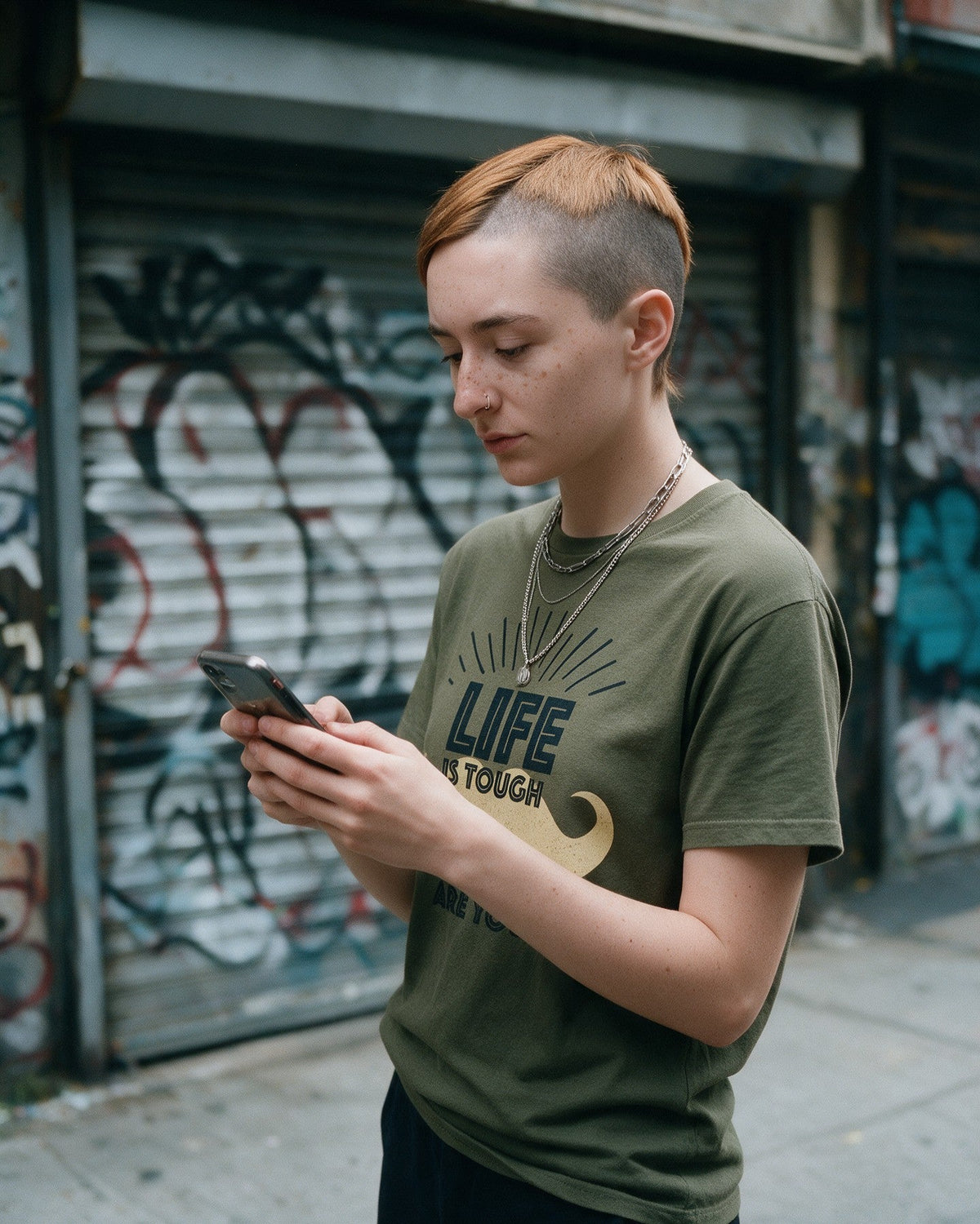 Resilient Soul T-Shirt in Military Green worn on the street — Urban Kong