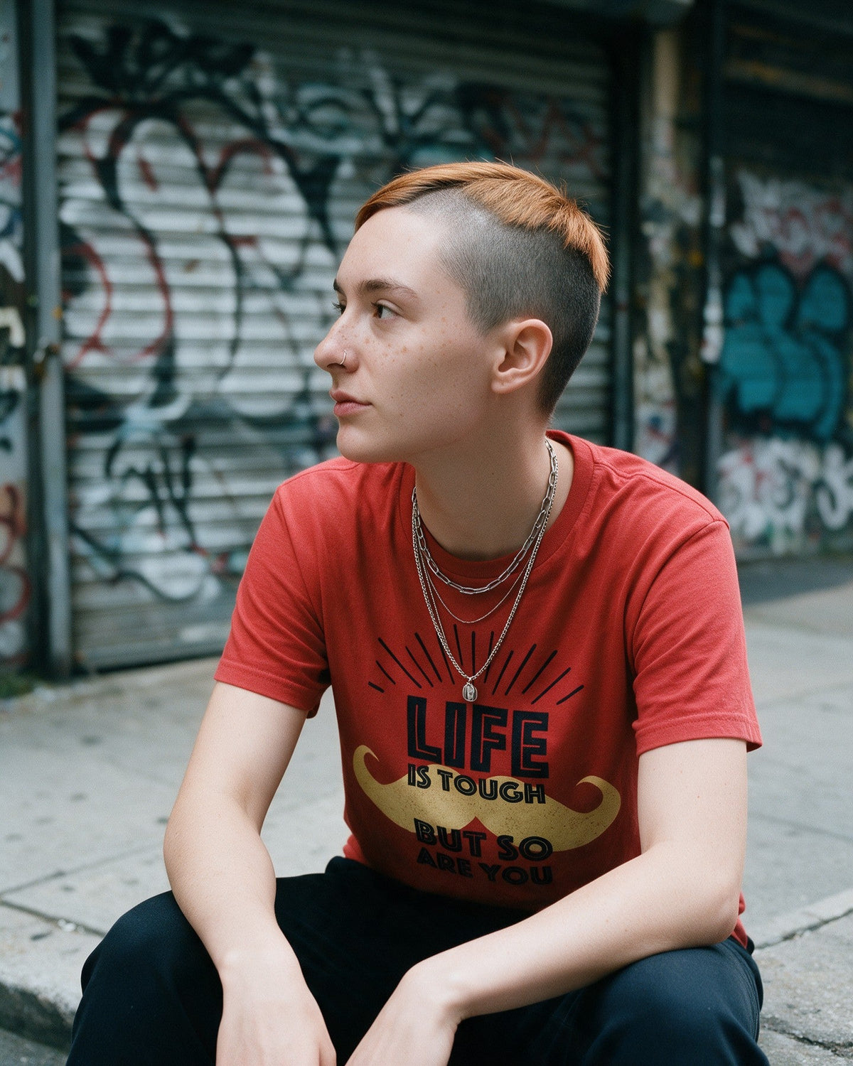 Resilient Soul T-Shirt in Red worn on the street — Urban Kong