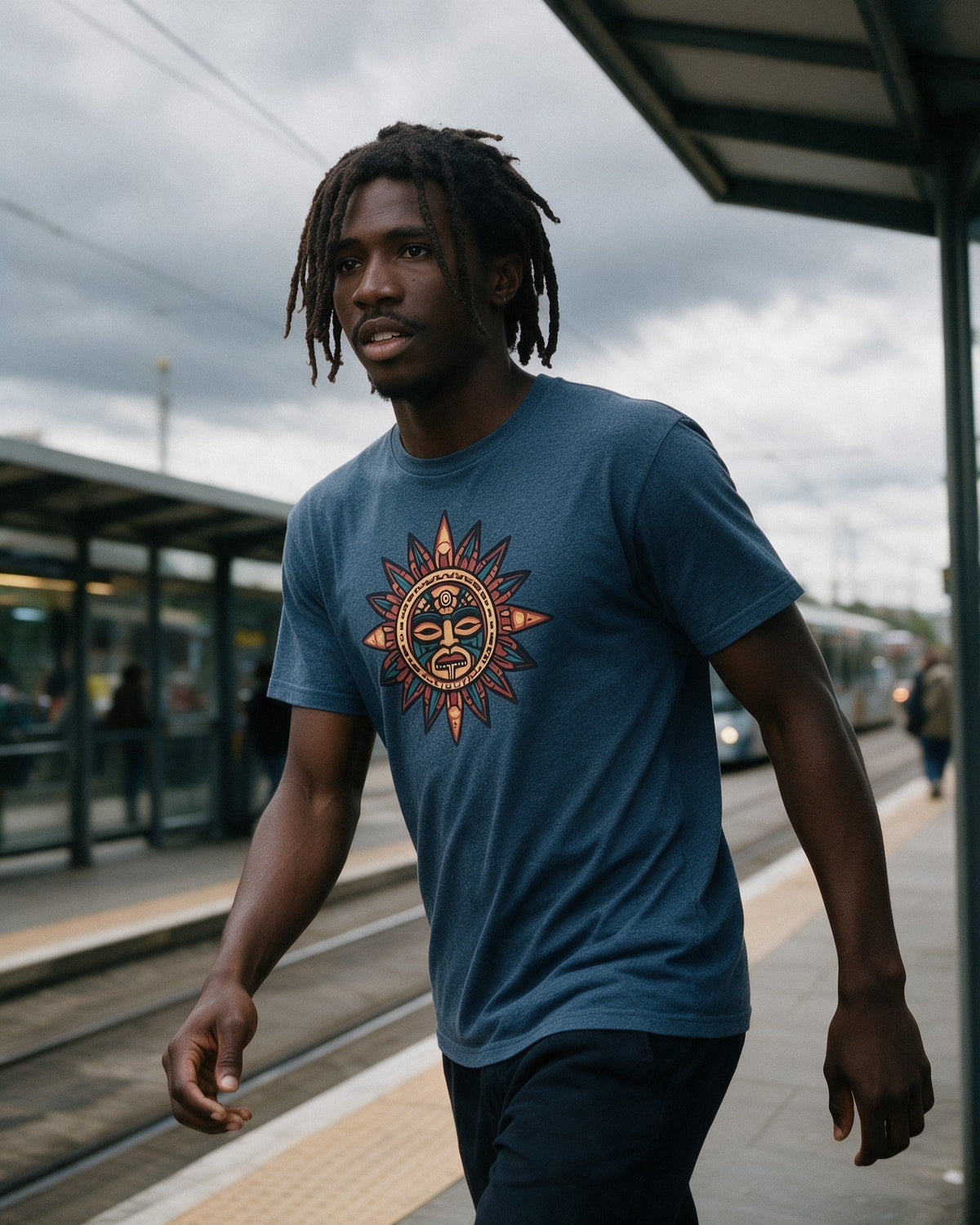 Roots of Power T-Shirt in Heather Indigo worn on the street — Urban Kong