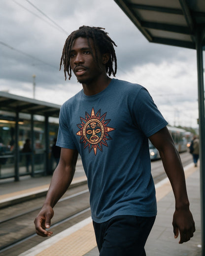 Roots of Power T-Shirt in Heather Indigo worn on the street — Urban Kong