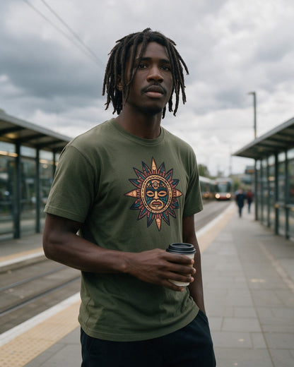 Roots of Power T-Shirt in Military Green worn on the street — Urban Kong