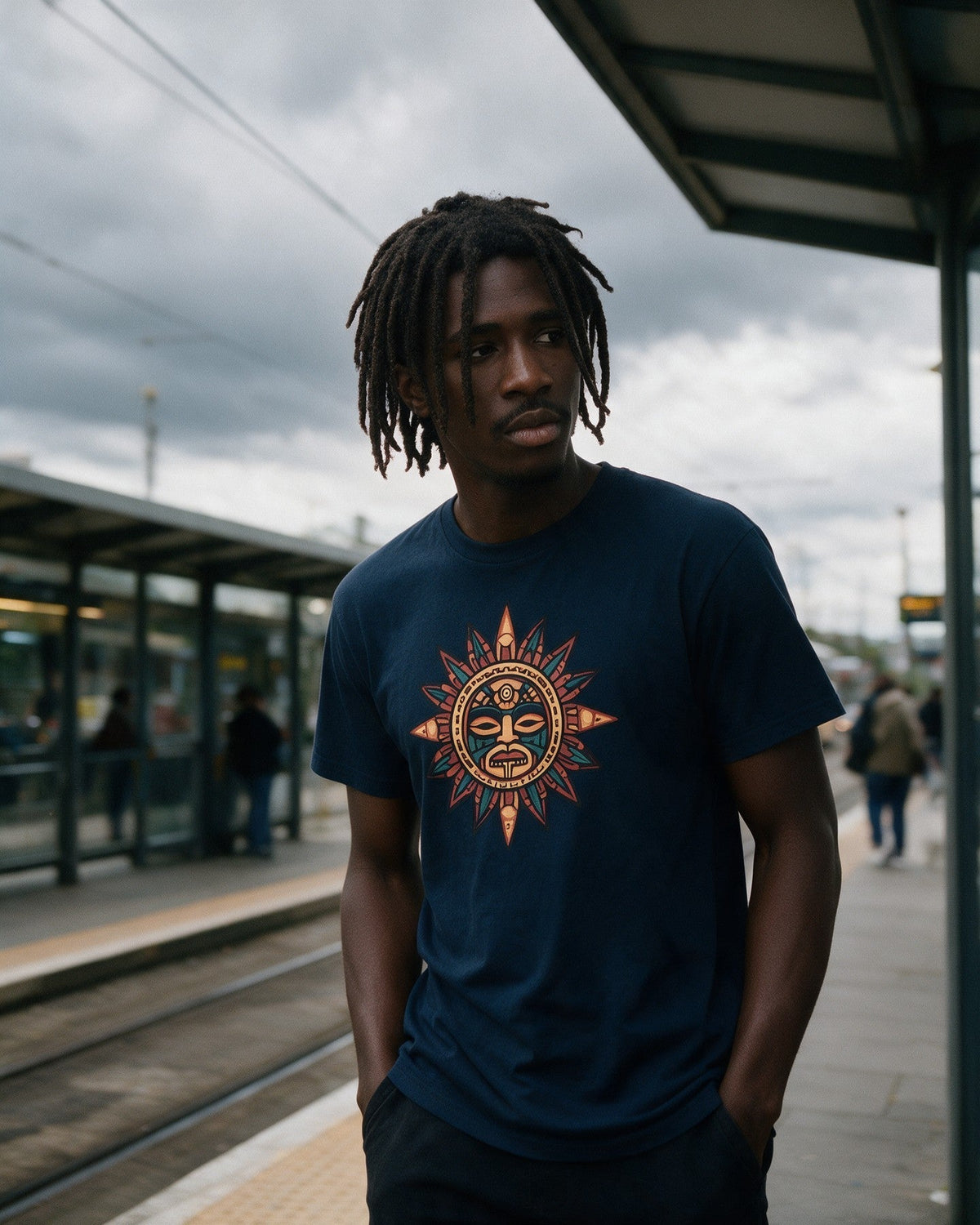 Roots of Power T-Shirt in Navy worn on the street — Urban Kong