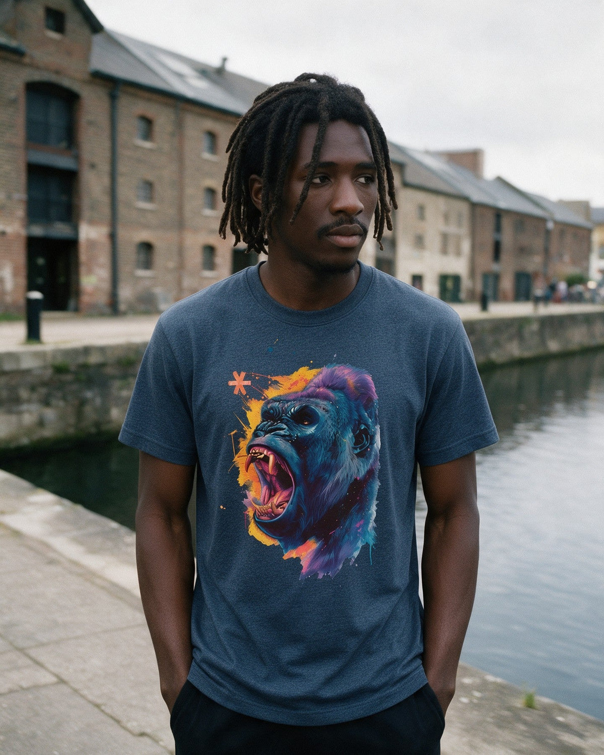 Savage Beast T-Shirt in Heather Indigo worn on the street — Urban Kong