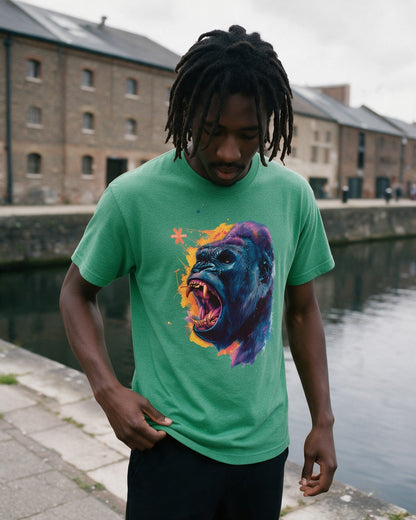 Savage Beast T-Shirt in Heather Irish Green worn on the street — Urban Kong
